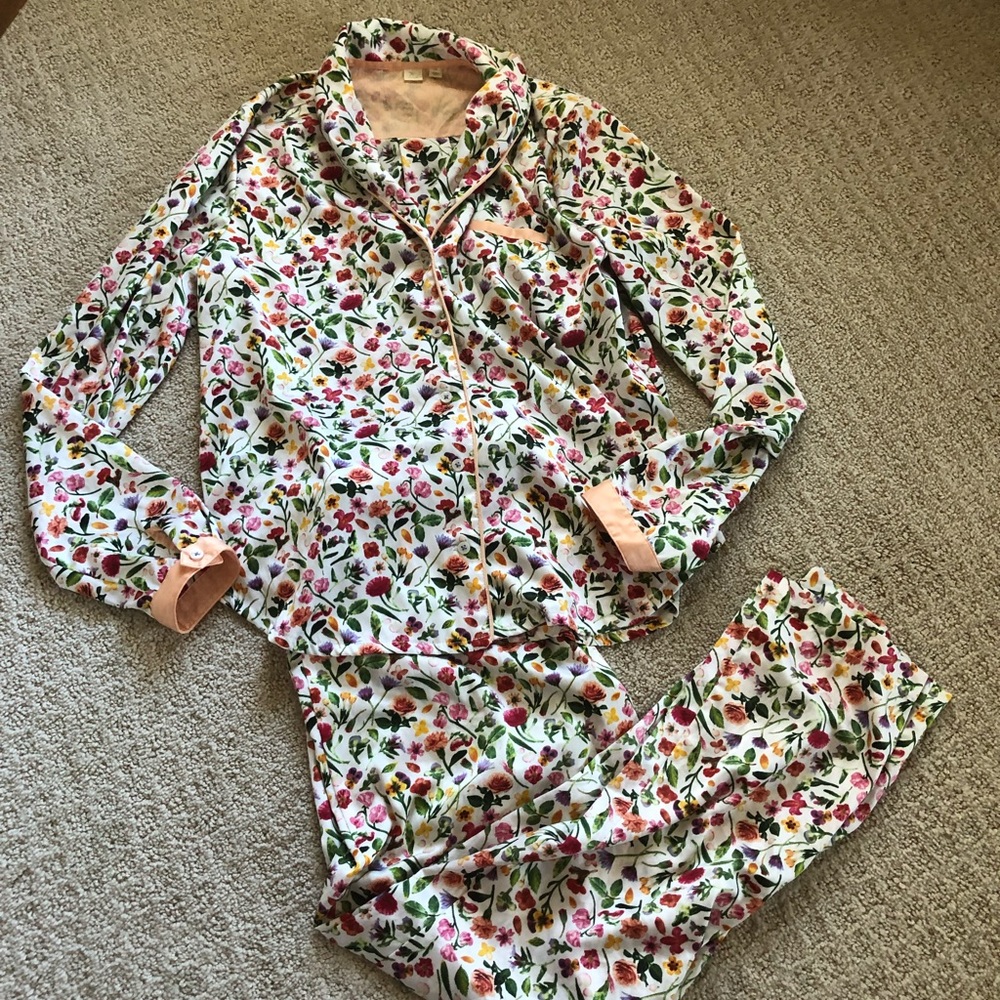 Anthropologie E Faux Silk Pajamas Sz XS Floral Pattern VGUC